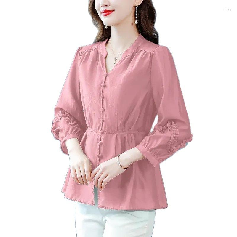 

Women' Blouses Spring Summer 2023 Ladies' Shirt Jacket Cotton Linen Nine-Point Sleeve Top Fashion Waist Women' Versatile, Green
