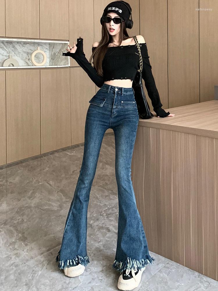 

Women' Jeans Winter Vintage Women High Waist Y2K Chic Casual Flare Trouser Female Korean Fashion Tassel Designer Denim Pants 2023 U12, Blue