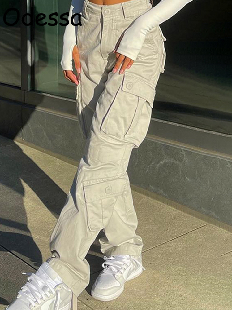 

Women' Pants Capris Odessa Vintage Cargo Pants Baggy Jeans Women Casual High Waist Streetwear Pockets Straight Wide Leg Trousers Denim Overalls 230510, Black