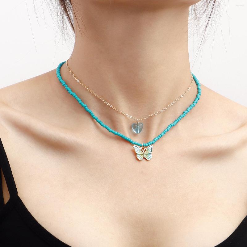 

Chains Bohemia Handmade Green Rice Beaded Necklace For Women Enamel Striped Butterfly Heart Pendant Choker Femme Jewelry Gift