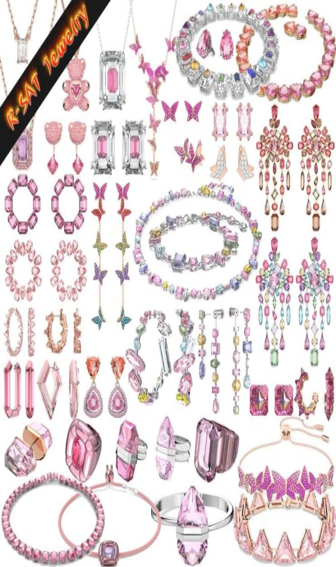 Pendant Necklaces SWA Original Novelty 2023 Trend Fashion Pink Charm Set Jewelry Edge Earrings Necklace Bracelet Ring Christm7477228
