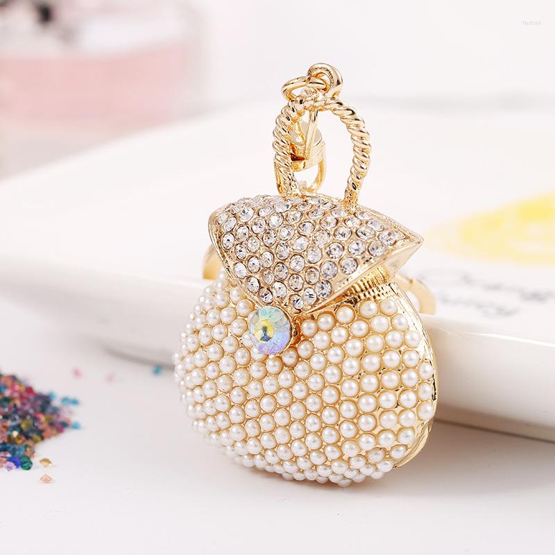 

Keychains Creative Cute Pearl Handbag Modeling Keychain Key Ring Women Bag Accessories Metal Pendant Romantic Gift