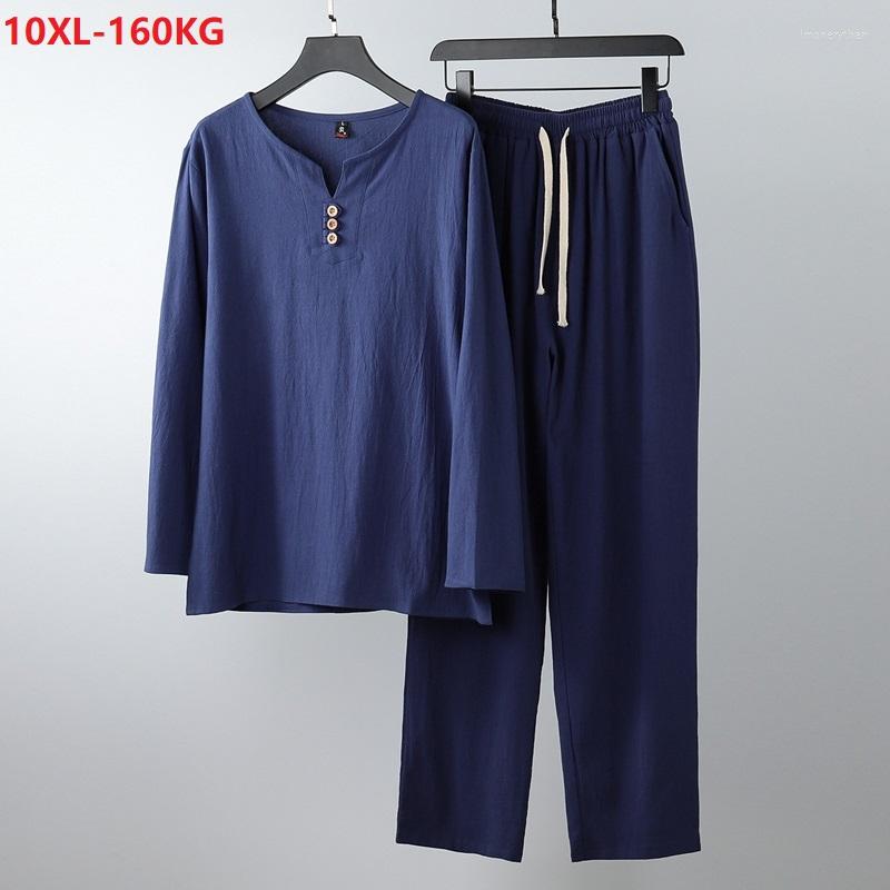 

Men's T Shirts Autumn Chinese Style Long Sleeve T-shirt And Pants Men Plus Size 8XL 9XL 10XL Linen Cotton Vintage Casual Tees Loose Home, Picture color
