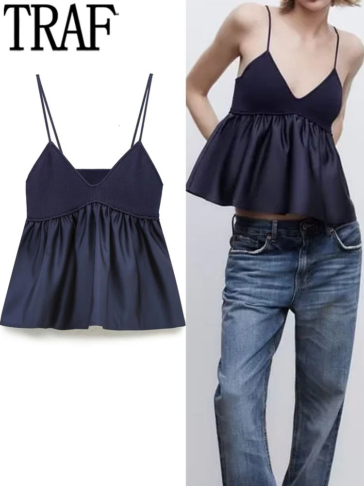 Camisoles Débardeurs TRAF Bleu Crop Top Femmes Tricoté Débardeur Femme Sans Manches Dos Nu Sexy Tops Femme À Volants Streetwear Y2k Corsets Tops