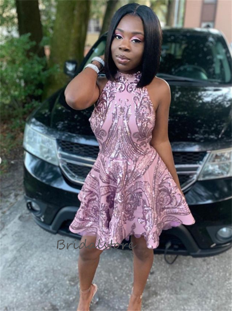 Rose Sequin Sparkle Robe De Bal Sexy Une Ligne Mini Court Cocktail Porter 2023 Sans Manches Graduation Formelle Noir Filles Soirée robes de cocte