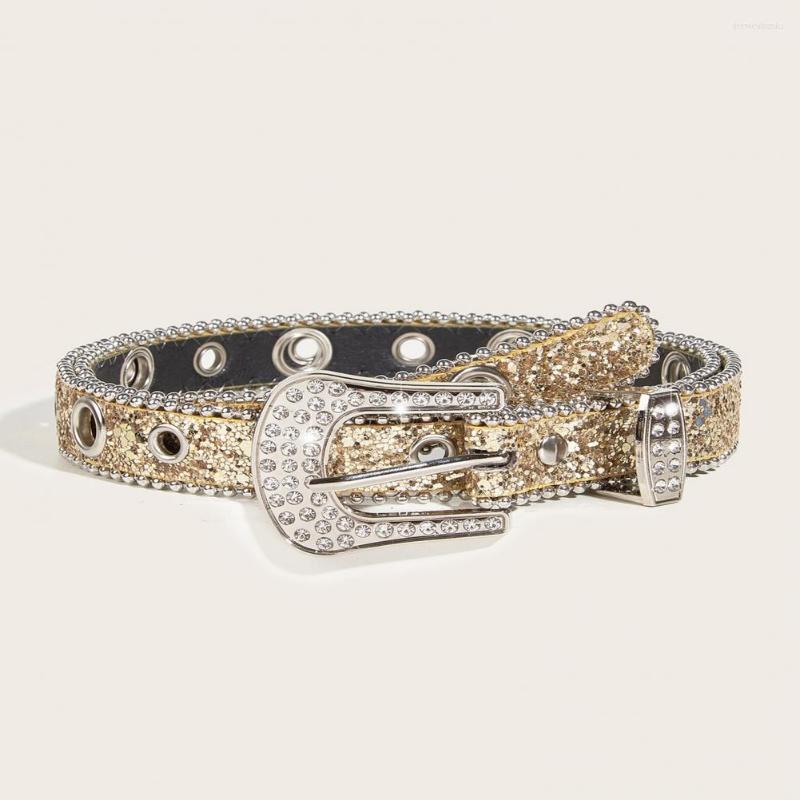 

Belts Buckles Belt All-Match Jeans Rhinestone Studded Faux Leather, Black
