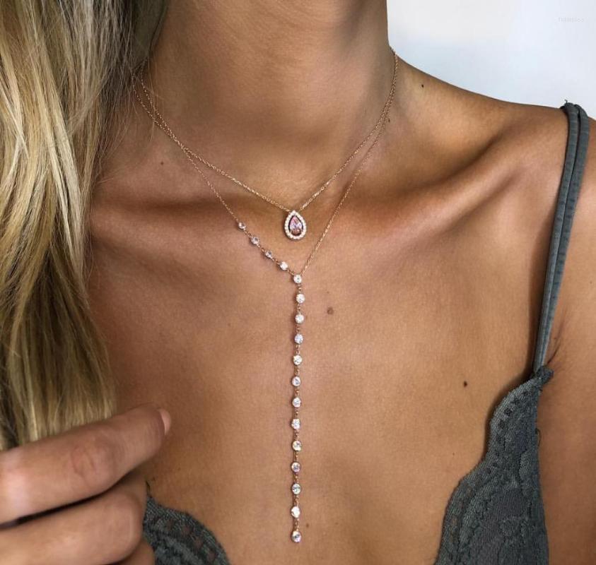 

Chains 2023 Summer Sexy Gold Color Long Y Necklace With Round Cz Bezel Station Chain For Women Wedding Jewelry Gift