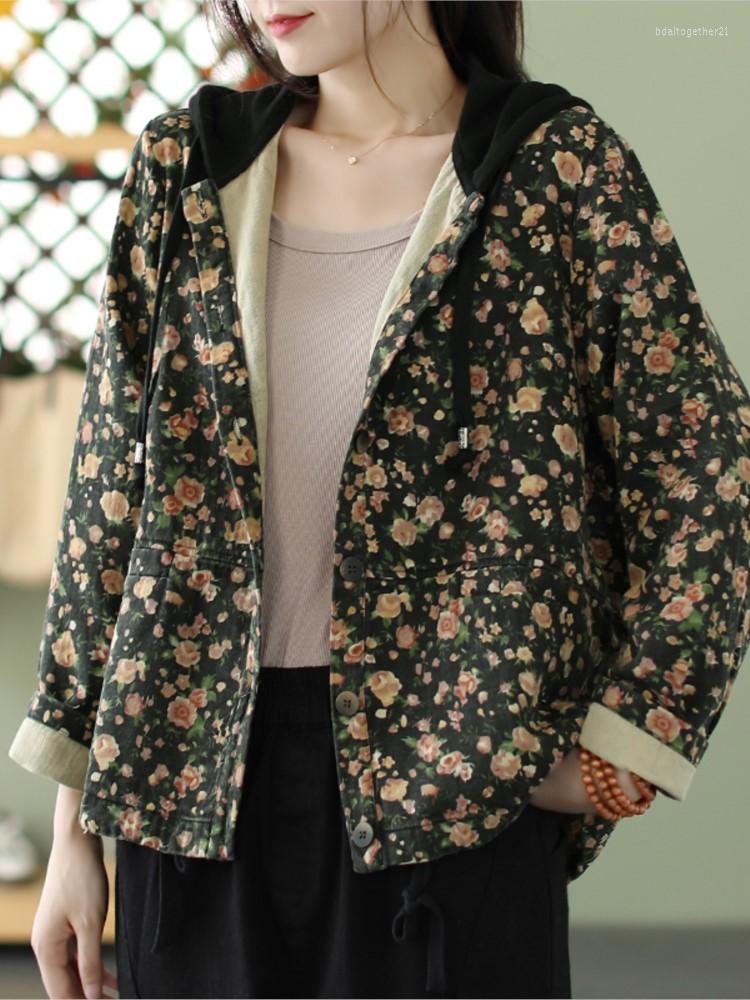 

Women's Jackets 2023 Women Cotton Linen Vintage Printed Hooded Long-sleeved Autumn Winter Loose Floral Coat Female YoYiKamomo