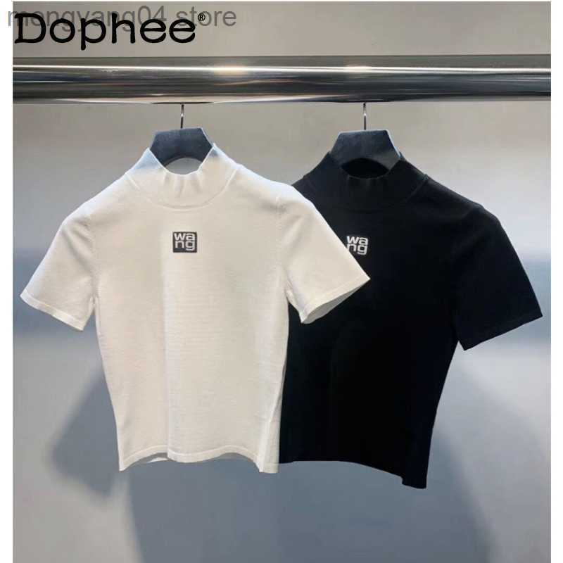 Women's T-Shirt Sexy Slim-Fit Knited Tshirts for Women 2022 Summer New Print Letter Pullover Short Sleeve T-shirt Female Crop Tops Graphic Tees