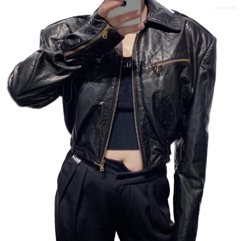 

Women' Leather YOLOAgain 2023 Autumn Oversized Cropped Jacket Women Shiny Black Bomber Ladies, As shown