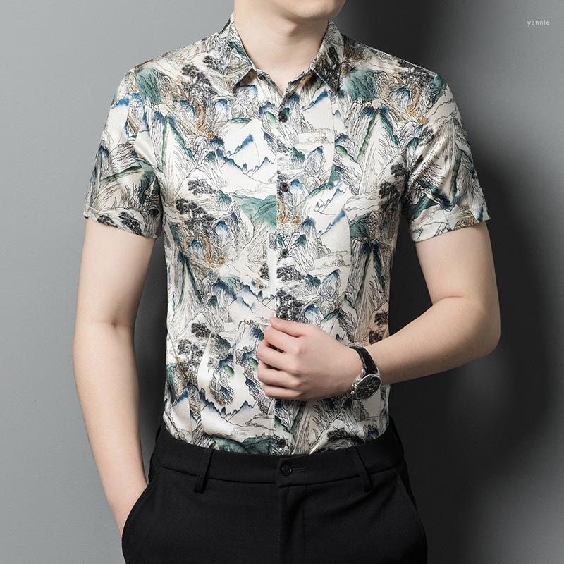 

Men's Casual Shirts Summer High-end 90% Mulberry Silk Short Sleeved For Men Breathable Real Satin Shirt Men's Clothing, Picture color