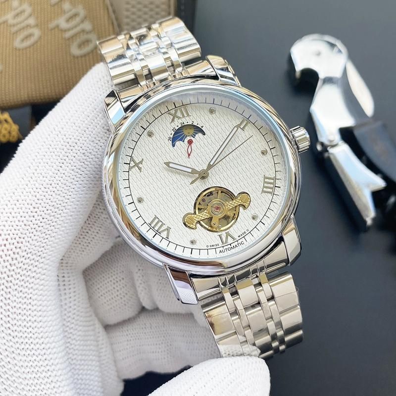 

New Luxury Men's Watch Big Flywheel Automatic Mechanical Watches Four Needles Wristwatch European Top Brand Stainless Steel and Leather Strap Fashion Moon Phase, Orange