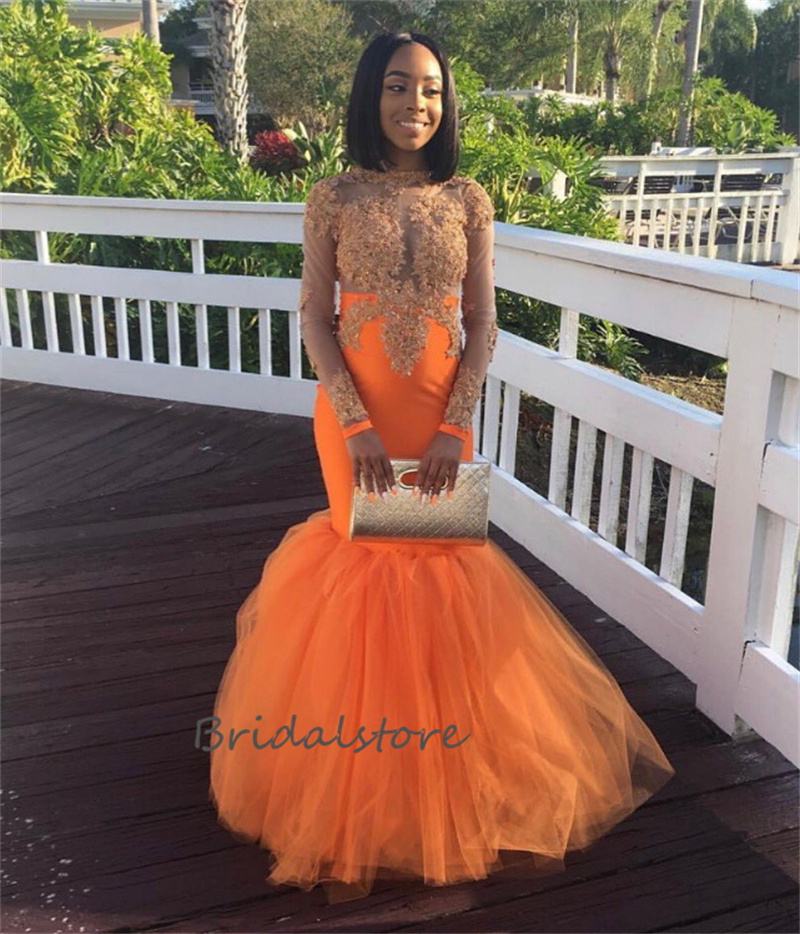 Stunning Orange Black Girl Prom Dress With Applique Lace Elegant Long Sleeve Mermaid Formal Gown Evening Wear Ceremony Birthday Party Sweet 15 vesti