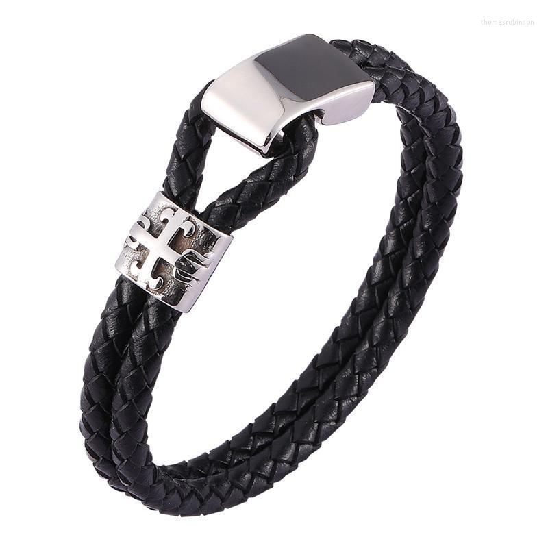 

Charm Bracelets Punk Men Jewelry Black Double Braided Leather Handmade Bracelet Cross Simple Stainless Steel Buckle Mens Fashion Bangles SP0
