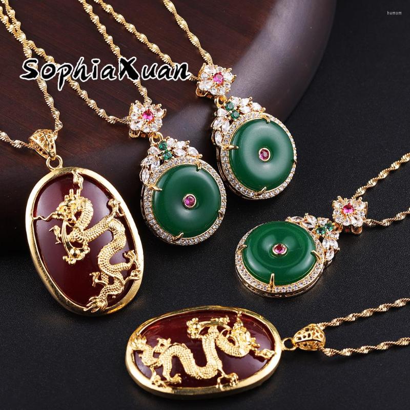 

Chains SophiaXuan Pendant Auspiciou Dragon Necklaces Female Green Amulet Chinese Style Jewelry Gold Plated Necklace For Wowen