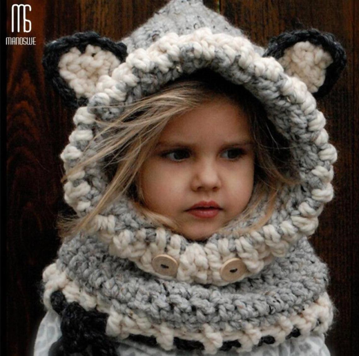 

Winter Knitted Thicken kids hats winter snowboard cute cap fox wool neckerchief balaclava funny bonnet enfant casual cap Y2001107688147, Grey