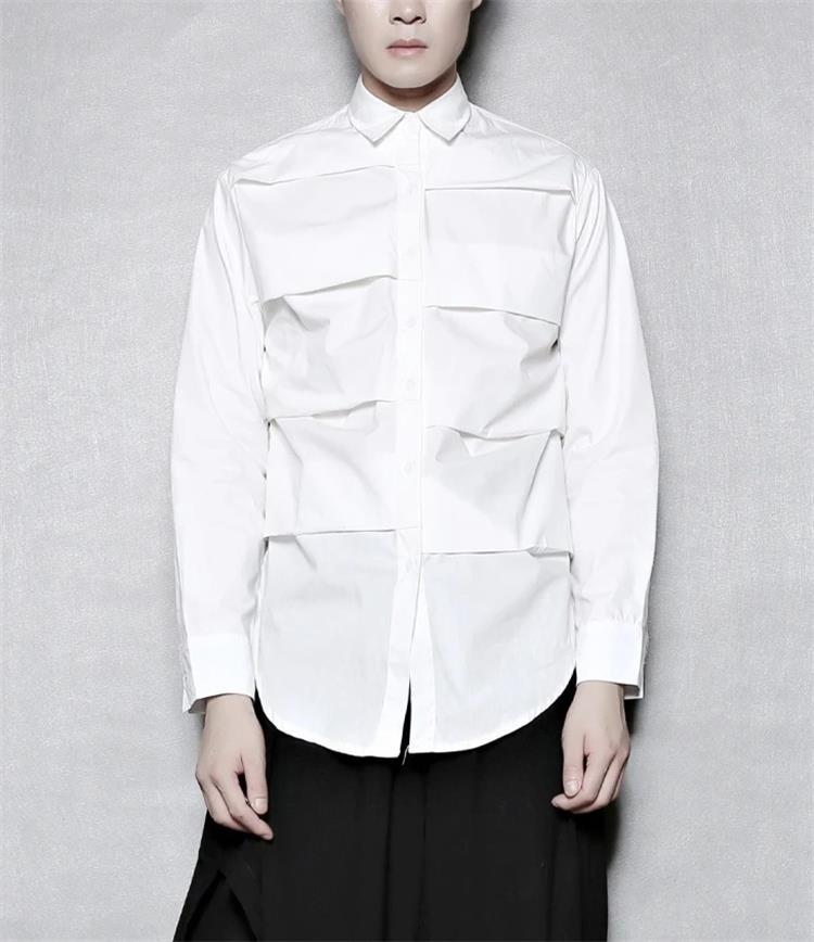 

Men' Casual Shirts Pleated White Shirt Large Designer Style Round Hem Slim Trend Pointed Collar Loose Long Sleeve ShirtMen