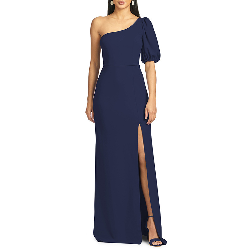 

Party Dresses Solid color elegant Evening long dress diagonal neck one shoulder short sleeve, 01