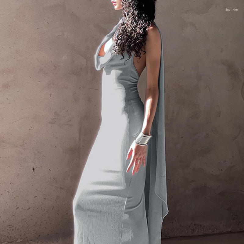 

Casual Dresses Women Sexy Sleeveless Backless Bodycon Grey Party Club Maxi Dress 2023 Deep V-Neck Hollow Out Bandage High Slit Long