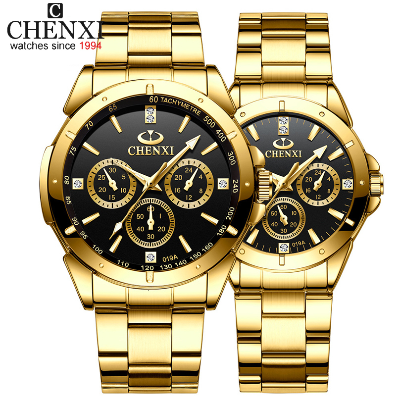 

Wristwatches Top Brand CHENXI Set Watch Men Women Luxury Golden Quartz Couple Wristwatch Waterproof Stainless Steel Clock Mens Ladies Watches 230509, Golden black