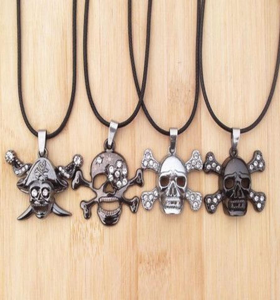 

Titanium Stainless Steel Diamond Skull Pendant Necklaces Fashion Leather Cord Jewelry men xmas gifts new 12pcs3444970