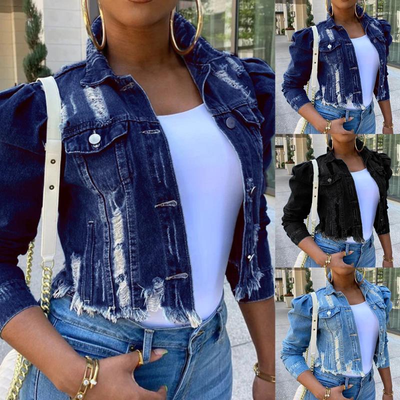 

Women's Jackets 2023 Spring Women Sexy Ripped Denim Vintage Casual Short Jean Jacket Puff Sleeve Winter Female Coat Streetwear, B-black