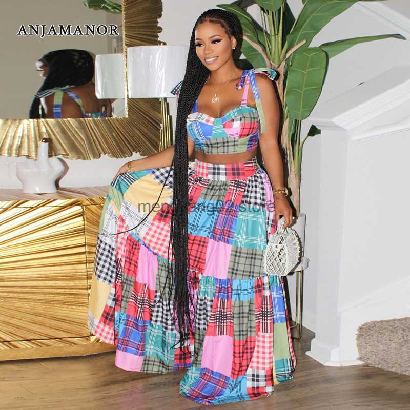 Two Piece Dress Plaid Colorblock Summer Dress Two Piece Set Women Outfit 2023 Casual Crop Top and Skirts Matching Sets D48-EE38 T230510-image-864459571