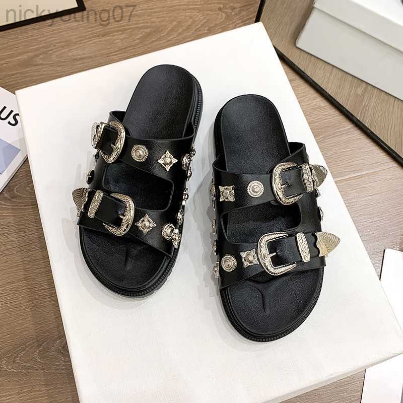 

Slippers Retro Belt Buckle Platform Women's Shoes Summer Rivets Decorative Flats Slippers Comfortable Outer Wear Slides Girl Casual Shoes Y23, Beige
