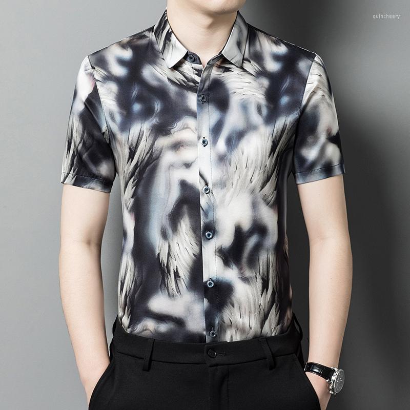 

Men's Casual Shirts Gentleman Real Silk Luxury Men Shirt Short Sleeved Fashion Print Summer High Quality Comfortable Breathable Chemise, Picture shown