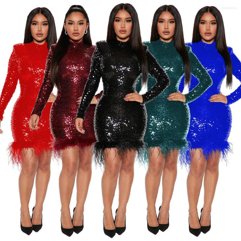 

Casual Dresses Laides Nightclub Party Dress Fashion Women Cocktail Collar Sequin Long Sleeve Feather Mini Bodycon, Black