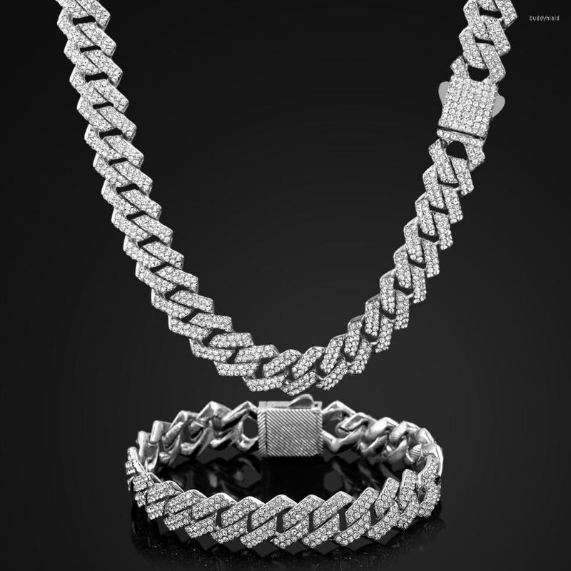 

Chains Spring Clasp 14MM Cuban Link Chain Necklace Set For Women Iced Out 2 Row Bling Bracelet Rapper Jewelry