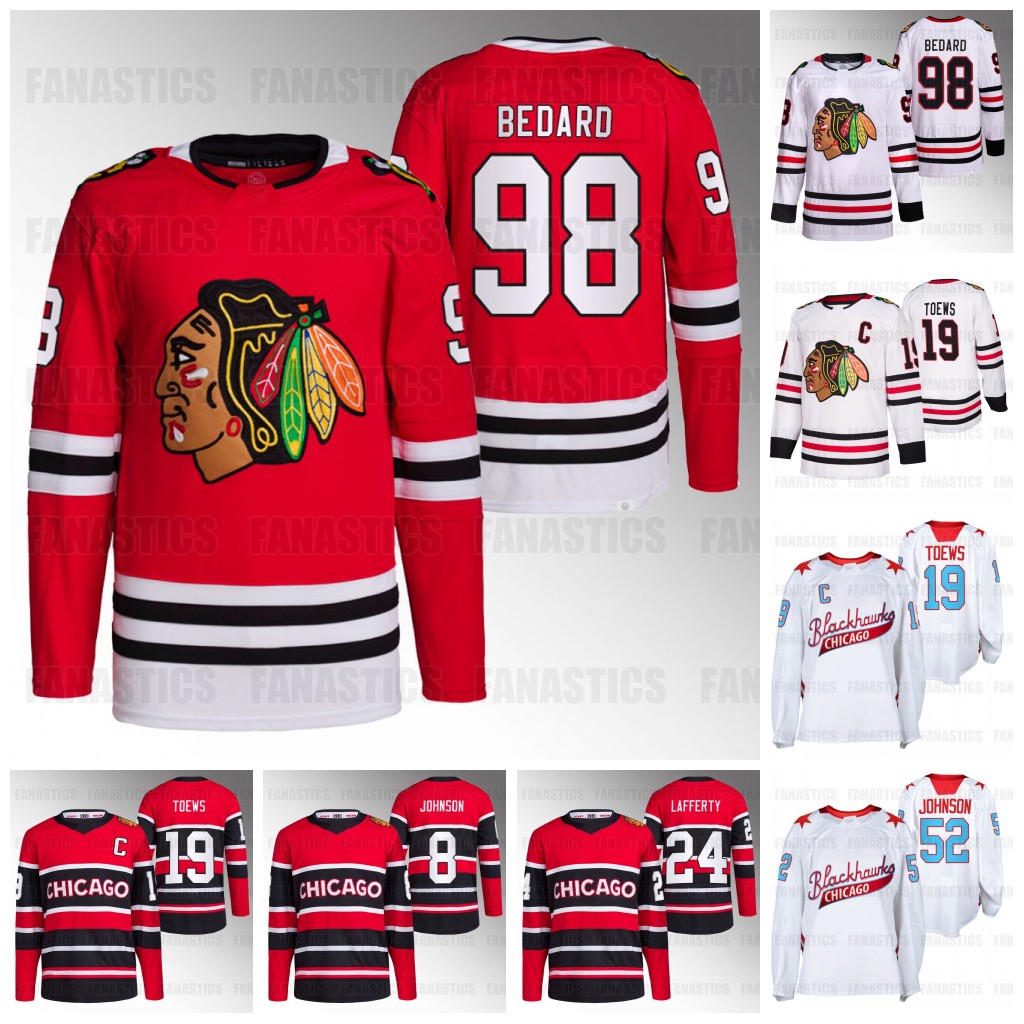 

Nick Foligno Taylor Hall 98 Connor Bedard Blackhawks Jerseys Max Domi Jonathan Toews Philipp Kurashev Caleb Jones Andreas Athanasiou Jake McCabe Lafferty Chicago, 2022-23 reverse retro youth s-xl