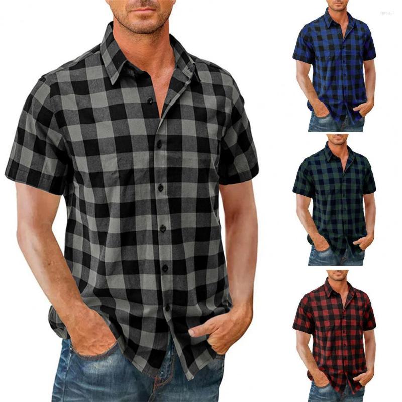 

Men' Casual Shirts Men Summer Shirt Plaid Print Lapel Single-breasted Male Daily Mid Length Short Sleeve Top Men' Clothing For, Blue