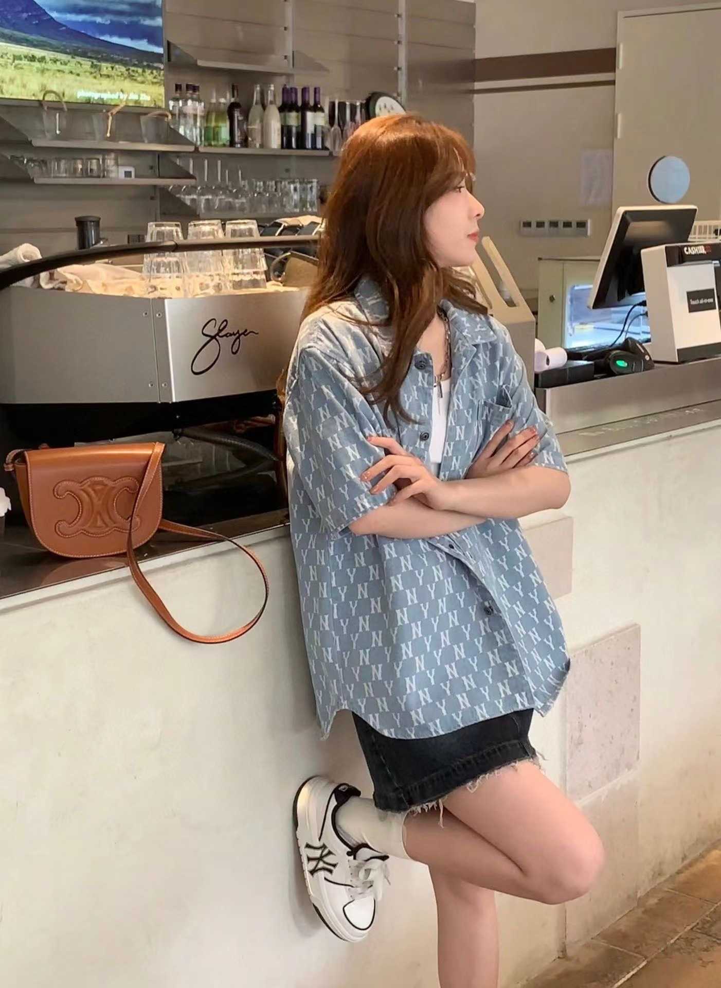 

Designer Mens Shirt Women' Blouses  Denim Short Sleeved Men' and Loose Fitting Casual Fashion Yankees Ny Jacket Summer Trend, Navy blue