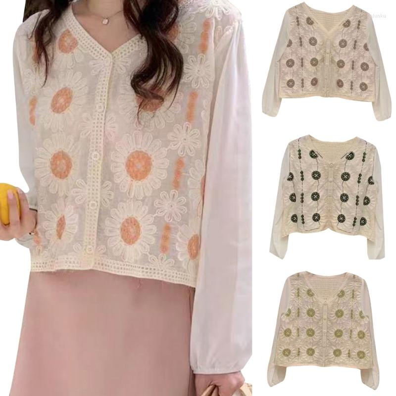 

Women's Blouses Vintage V-neck Button Down Lace Embroidery Blouse Women Elegant Thin Chiffon Shirt Top Casual Loose Long Sleeve Cardigan, Green