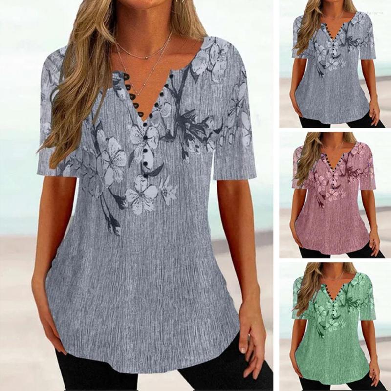 

Women' Blouses Women Summer Blouse Tops Plus Size Button Short Sleeve Floral Printing Loose Wear V-neck Mid Length Lady Shirt Female, Green