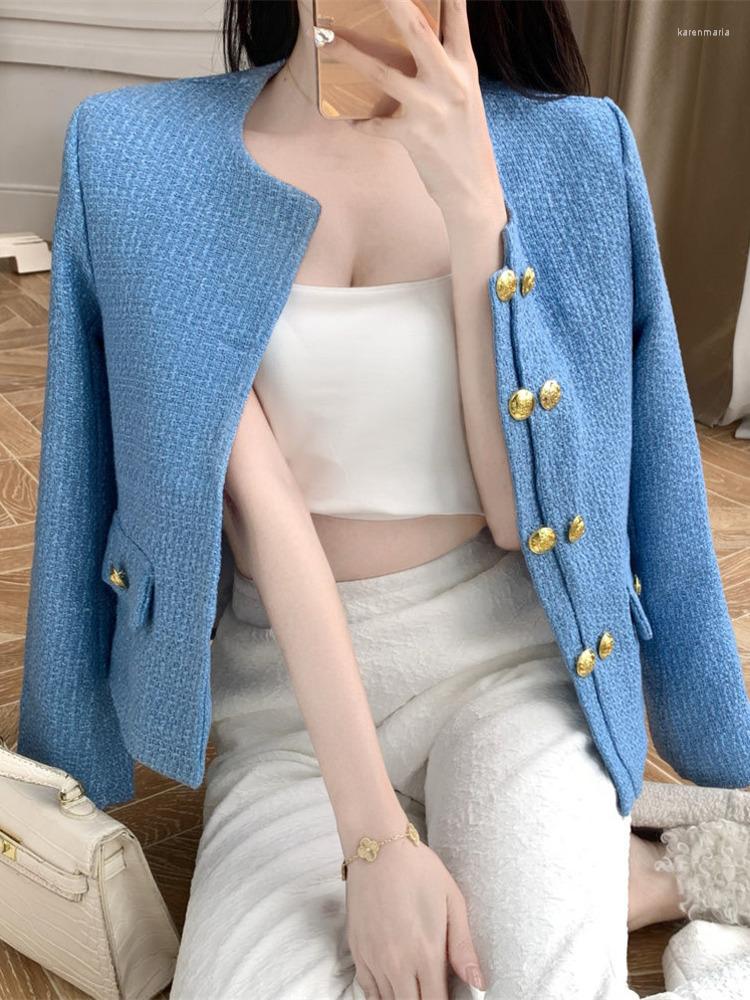 

Women' Jackets Autumn Fashion Women' Tweed Chic Double Breasted Office Ladies Short Coats Woolen Outerwear Elegant Luxury Jacket Top, Blue