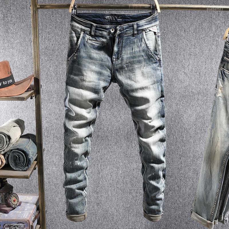 

Men's Jeans Italian Fashion Men High Quality Retro Blue Slim Fit Casual Denim Pants Hombre Vintage Designer Elastic Ripped Trousers