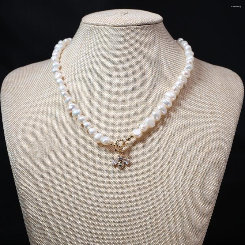 

Chains Delicate Bee Shaped Pendant Natural Round Freshwater Pearl Charming Party Wedding Women Jewelry Necklace Gift 6-7MM
