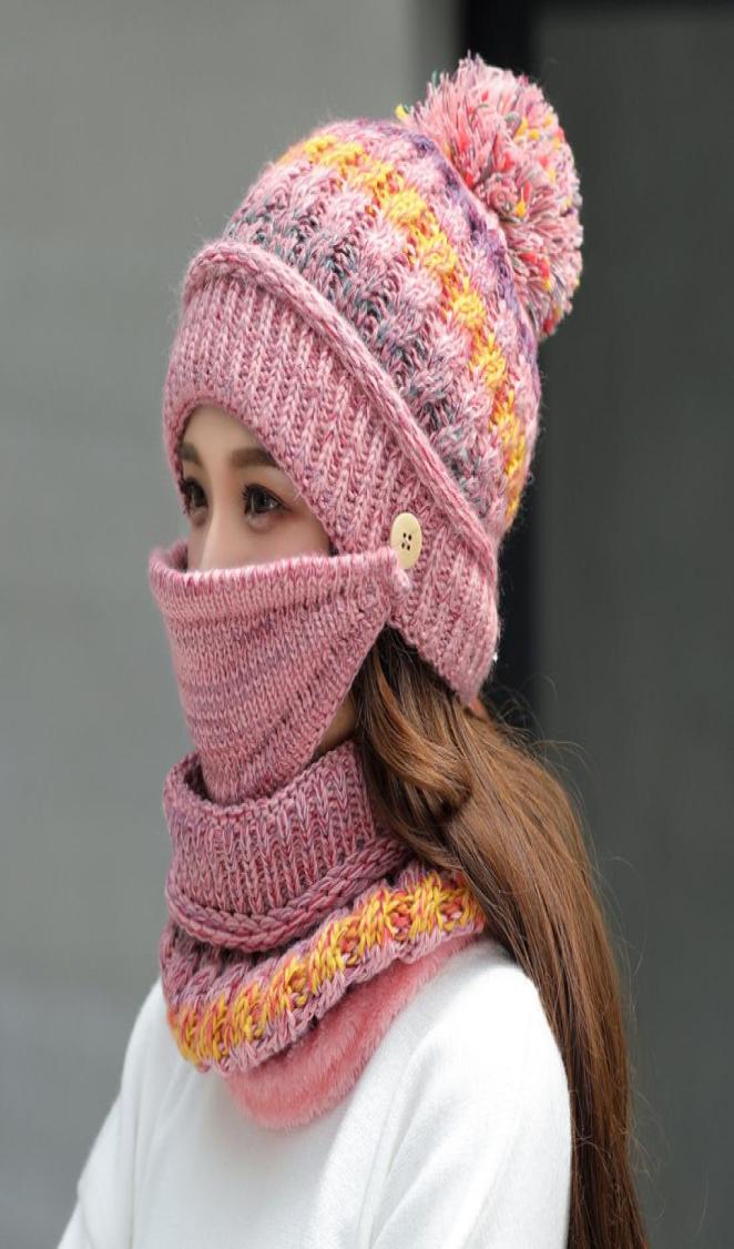 

Winter Mask Hat Scarf Set Thick Warm Women Winter Accessories Fleece Inside Knitted Hat Scarf Set 3pcs Winter Riding Hats2149107