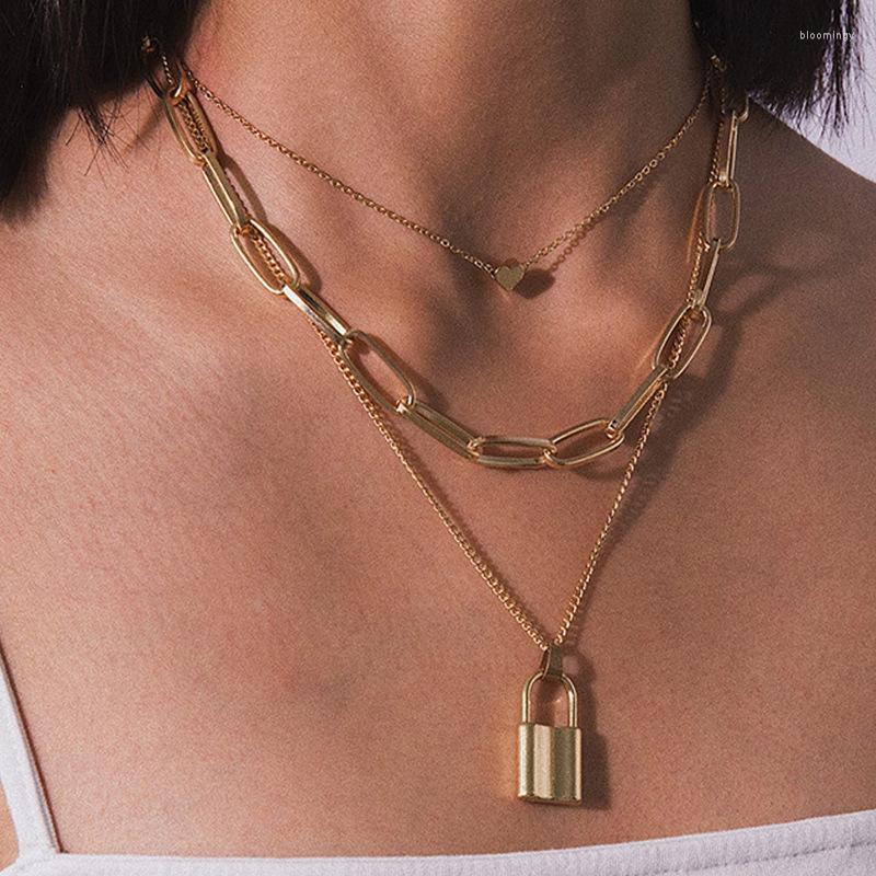 

Chains HuaTang INS Fashion Lock Pendant Neckalce For Women Punk Thick Chain Heart Multi-layer Geoemtry Adjustable Jewelry Collar A204