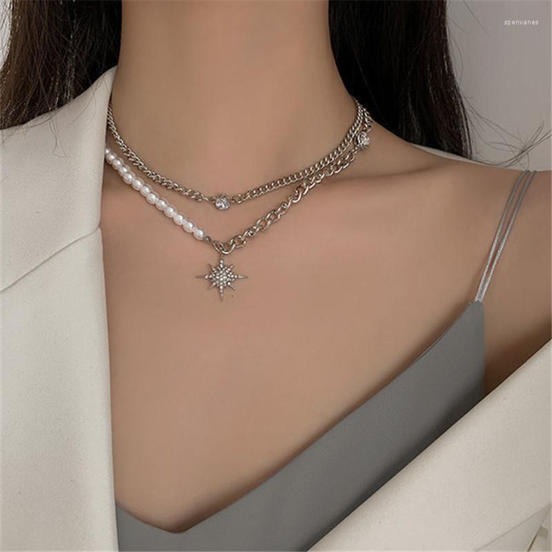 

Chains Double Layer Chain Round Pearl Bead Charm Pendant Necklace For Women Girls Crystal Star Jewelry Collares Choker E313