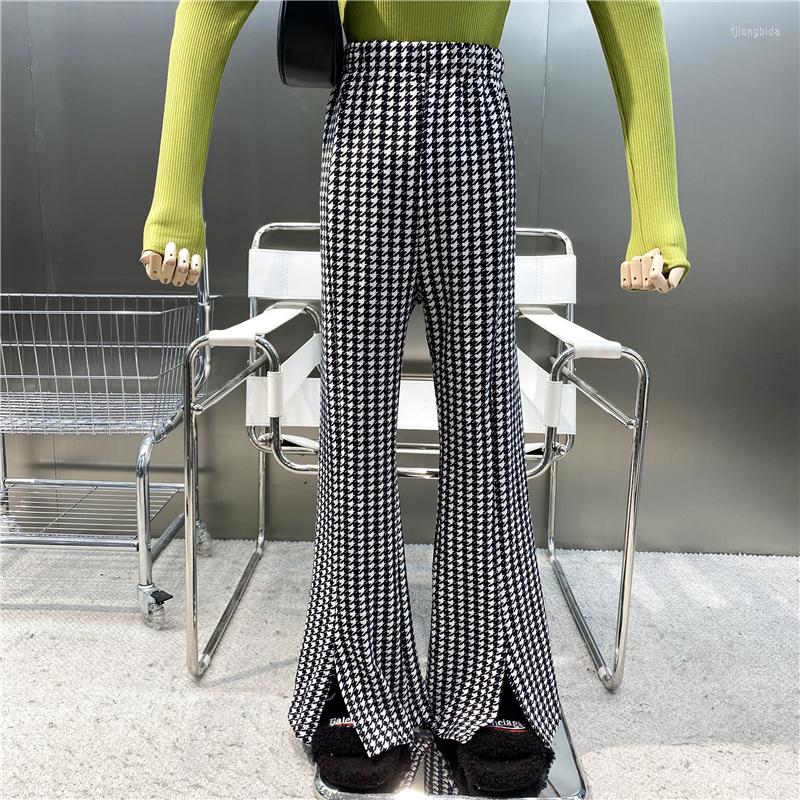 

Women's Pants 2023 Retro Color Contrast Thousand Bird Check High Waist Versatile Loose Casual Straight Tube Wide Leg Slit, Black
