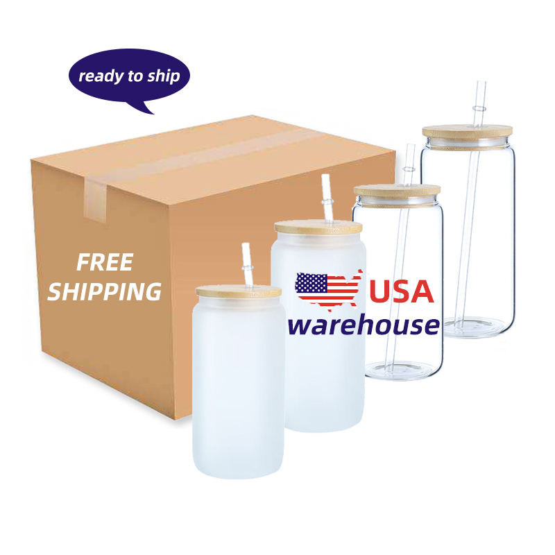 

USA Warehouse 16oz Clear Frosted Glass Sublimation blanks Tumbler Glass Can Mugs With Bamboo Lid And Straw