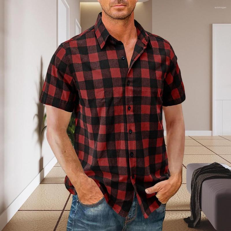 

Men' Casual Shirts Men Summer Shirt Short Sleeve Plaid Print Lapel Single-breasted Daily Wear Thin Contrast Color Top, Blue