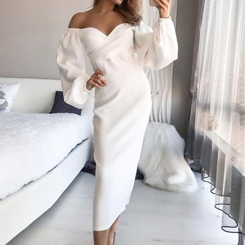 

Casual Dresses Retro Sweet Elegant Sexy Off Shoulder Solid Color Women Dress Breathable Puff Sleeve Strapless Mid-Calf Long Sundress, White
