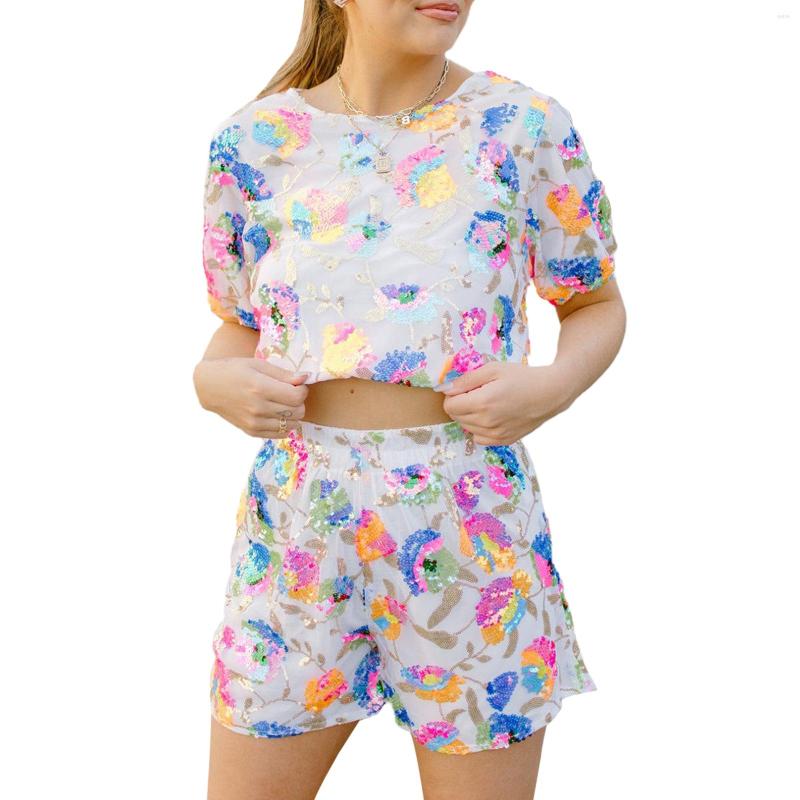 

Women' Tracksuits 2023 Summer Women' 2Pcs Loose Outfit Color Sequin Short Sleeve Round Neck T-Shirts Elastic High Waist Casual Shorts, White