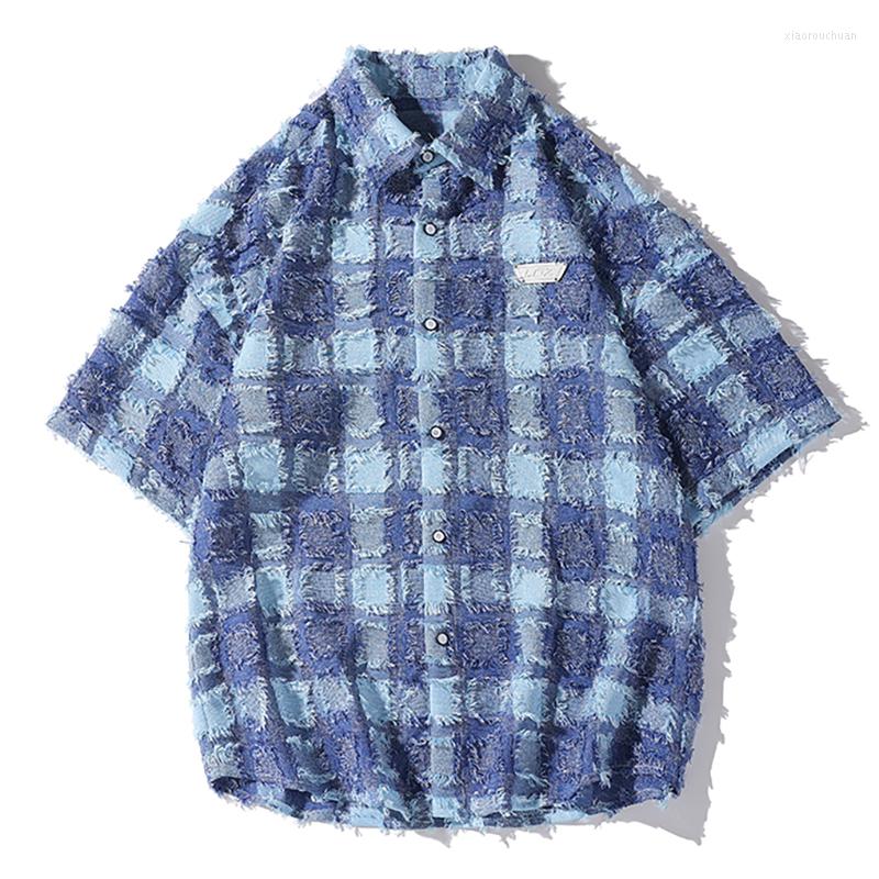 

Men's Casual Shirts Summer Oversize Vintage Brushed Men Baggy Blouse Fashion Korean Streetwear Short Sleeved Tops Clothing Male Plus Size, Blue