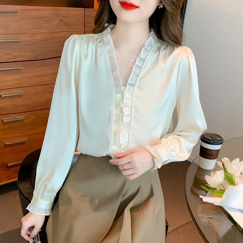

Women' Blouses Women Shirt Fashion V Neck Buttons Female Clothing Chic Tops Spring Long Sleeve French Style Elegant Chiffon Blouse 25327, Apricot