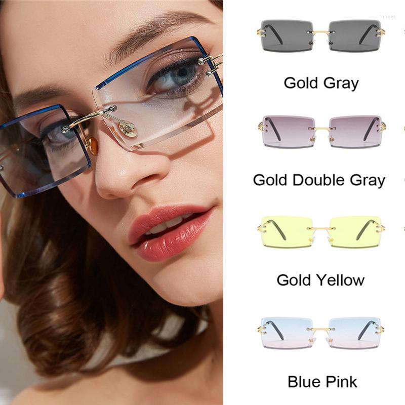 

Sunglasses Rimless Square Man Designer Rectangle Gradient Sun Glasses Metal Cutting Lens Male Shades